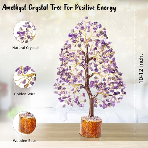Crocon® Amethyst Tree of Life, Birthday Gifts for Women & Men, Purple House Decor for Shelf Healing Crystals, Spiritual Gift Purple Decor, House Warming Gifts New Home, Birthday Gift for Mom Sister - color: Bg Amethyst (Golden Wire)