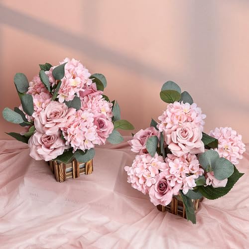 11.8’’ Tall Free Standing Artificial Flowers, 4Pcs Artificial Flowers Arrangement with Basket, Dusty Pink Rose Hydrangea Decorations for Wedding Archway Aisle Welcome Entrance Table - color: Dusty Pink
