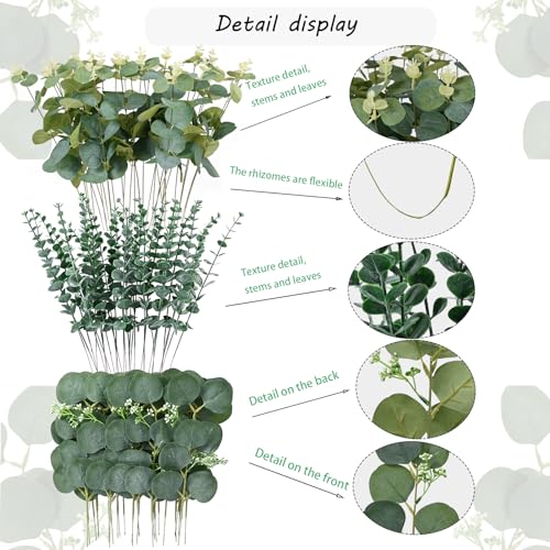 Abzo 90 Pcs 3 Kinds Mixed Eucalyptus Stems Bulk Artificial Eucalyptus Leaves Sprays Faux Oval Eucalyptus Greenery Stems for Wedding Vase DIY Bouquets Bouquet Floral Arrangement Home Decor