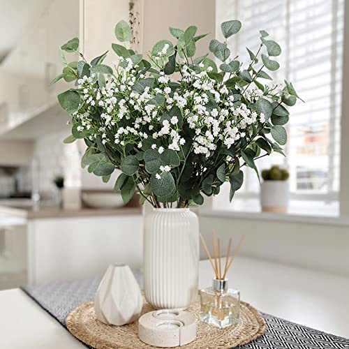 Beferr 5pcs Eucalyptus Stems & 6pcs Babys Breath Artificial Flowers Faux Greenery Bouquets for Wedding Table Centerpiece Home Decor - color: Eucalyptus With Baby's Breath