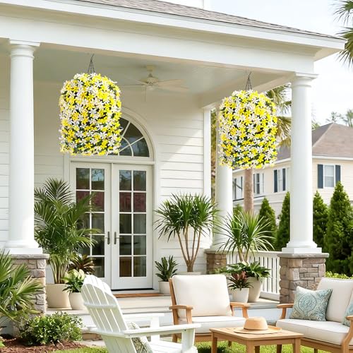 Hoppwodd Artificial Flower for Outdoors 4pcs Fake Lily Hanging Flower Baskets for Outside UV Resistant Silk Faux Long Trailing Vines for Garden Porch Patio, White & Yellow - color: White & Yellow