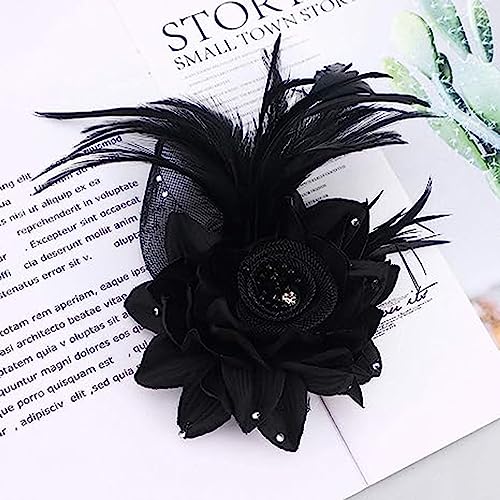 Elegant Flower Brooch for Women Wedding Party Dance Banquet Pins Feather Flower Fascinator Lady Floral Hairpins Dress Suit Lapel Pin Ceremony Accessories Corsage Brooches Vintage Jewelry Gifts - color: Black