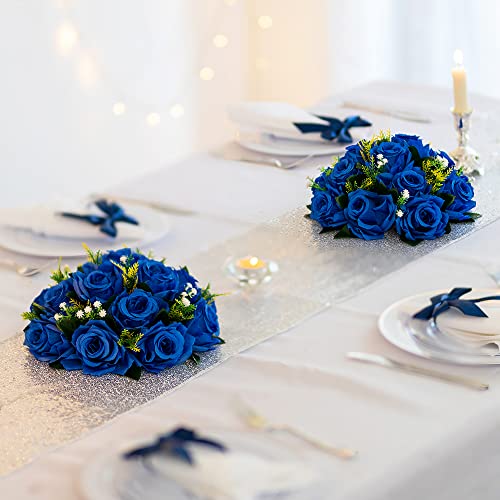 BLOSMON Royal Blue Flowers for Decoration: 10 Pcs Fake Roses Kissing Balls for Wedding Table Centerpieces - Artificial Floral Arrangements Home Baby Shower Birthday Party DIY Decor - color: Royal Blue