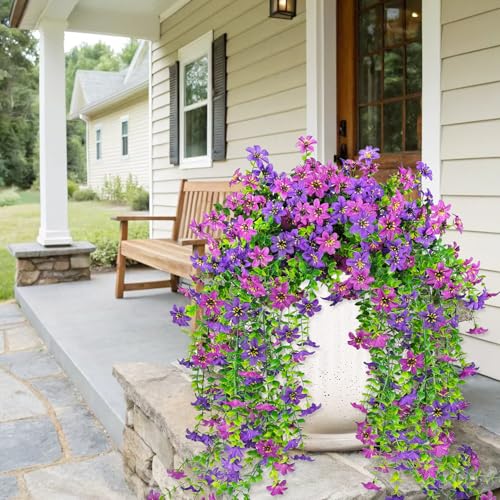 4 PCS Artificial Hanging Flowers for Outdoors, Fake Hanging Plants UV Resistant Faux Silk Daisy with Eucalyptus Leaves for Outside Home Indoor Planter Porch Patio Balcony Yard Decor (Double Purple) - color: Double Purple