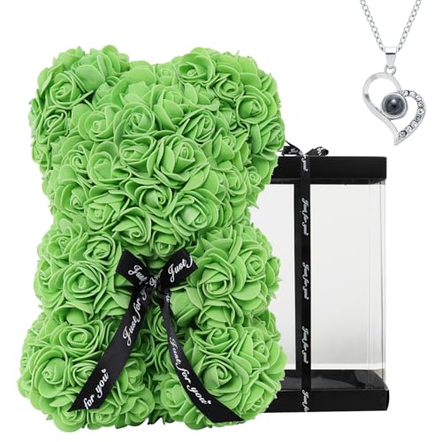 DuHouse Rose Bear Rose Teddy Bear Flower Gift Box for Valentines Gifts Anniversary Christmas,Birthdays Bridal Showers -Fully Handmade 10 inch Flower Bear Clear Gift Box(Green with Necklaces) - color: Green