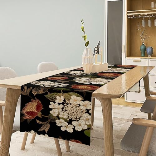 Floral Table Runner, Retro Birds Peonies Hydrangeas Oriental Style Table Decoration for Kitchen Dining Indoor Outdoor Home Party Restaurant Supplies 13x36in - color: Flower-4, size: 13x36in