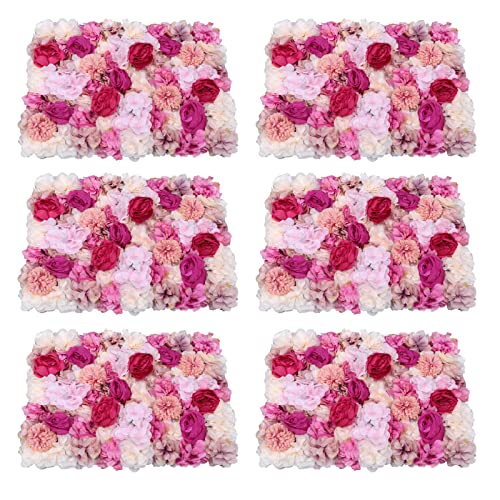 6Pcs Artificial Flower Wall Panels Silk Flower Wall Panels Backdrop Flower Wall Decor Floral Wall Mat Faux Flower Panel for Wedding, Party, Nursery, Home Decor (Fuchsia) - color: Fuchsia