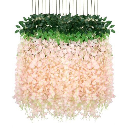 24 Pack Wisteria Hanging Flowers, Fake Hanging Flowers, 3.61 Ft Artificial Flower Vines Strings, Silk Wisteria Flowers for Home Wedding Arch Outdoor Party Garden Yard Decor (Light Pink) - color: Light Pink, size: 24 Pack