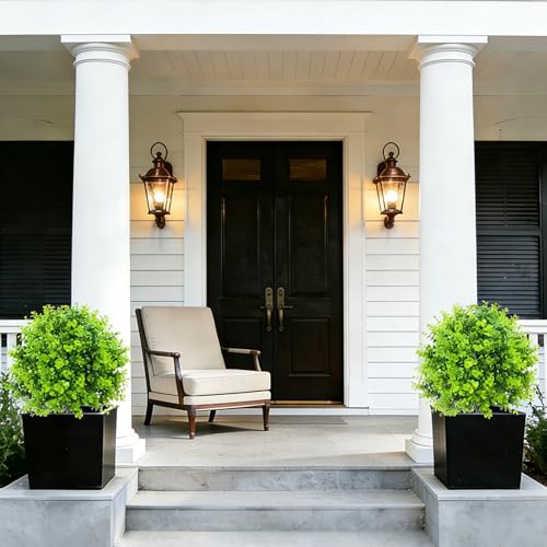 2 Pack 25" Artificial Eucalyptus Topiary Ball Trees for Outdoors, UV Resistant Faux Evergreen Shrubs with Ground Spikes, Fake Bush Ball Plants for Front Porch, Patio, Garden, Indoor Outdoor Decor - color: Eucalyptus