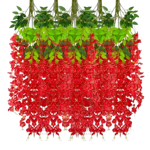 24 Pack Red Wisteria Hanging Flowers Garland, 3.77 Feet Artificial Flower Vines, Fake Wisteria, Artificial Vines Hanging Garland for Backdrop Outdoor Yard Garden Decor - color: Red, size: 24 PCS