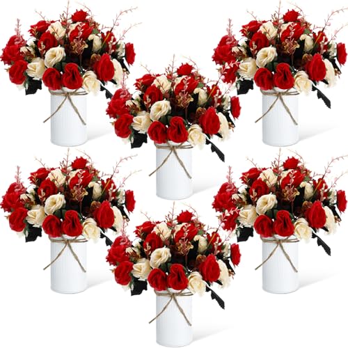 Domensi 6 Sets Wedding Centerpiece for Table Artificial Rose with Vase Fake Bouquets and Metal Pot Flower Arrangements for Bridal Shower Birthday Party Event Table Decor (Red) - color: Red