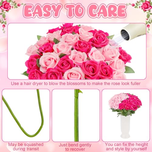 36 Pcs Pink, Hot Pink Artificial Roses with Long Stems, Fake Silk Rose Artificial Flowers Bulk for Bridal Wedding Bouquet Centerpiece Ball Arrangement Party Decor - color: Pink,hot Pink