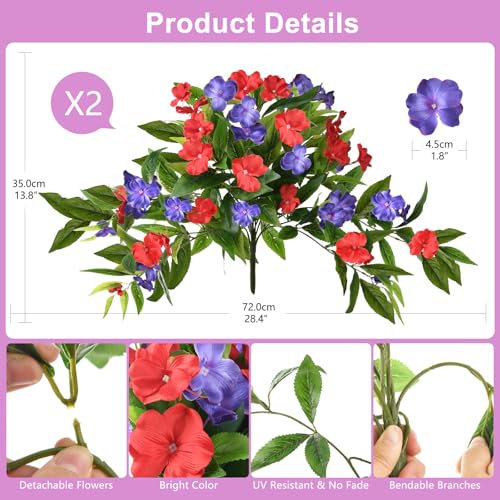 Hommyea Artificial Flowers for Outdoor, 2 Bundles UV Resistant Fake Plants Decoration Realistic Faux Silk Flowers No Fade Plastic Flowers for Outside Planters Home Porch Patio Yard Garden Decor - color: Red Deep Blue