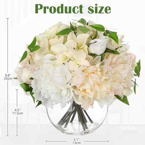 Artificial Flower in Vase, Faux Silk Flowers Arrangement Peony Hydrangea Poppy Eucalyptus Bouquet with Faux Water, Fake Floral Centerpiece for Dining Table Home Decor Wedding Office Shelf - White - color: White