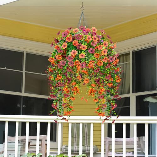 4Pcs Artificial Flowers Hanging Garden Decoration Outdoors Fall Realistic Plants Silk Flower Autumn Fake Flowers for Porch Patio Balcony Planter Yard (Dark Red+Orange) - color: Dark Red+orange