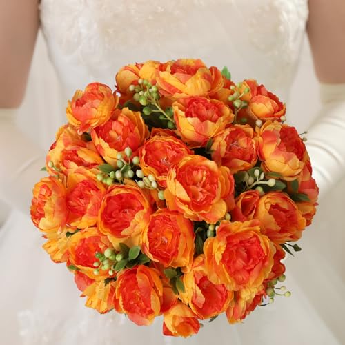 8 Bundles Orange Artificial Peonies Flowers Fake Silk Hydrangea Bouquet Faux Peonies Flowers Bulk for Fall Decoration Vase Florals Arrangements Wedding Party Table Centerpiece - color: Orange
