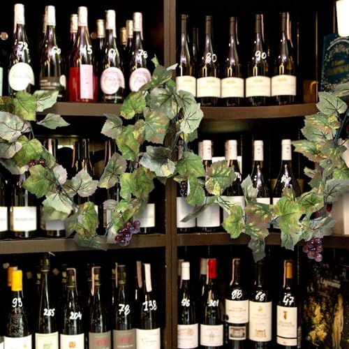 Artificial Grape Leaf Garland Vine Plant for Decoration Fake Greenery Garlands Hanging Leaves with Grapes for Wine Italian Themed Party Decor Wedding Photo Stage Favors(13 ft,Light Green) - color: Light Green, size: 13 FT