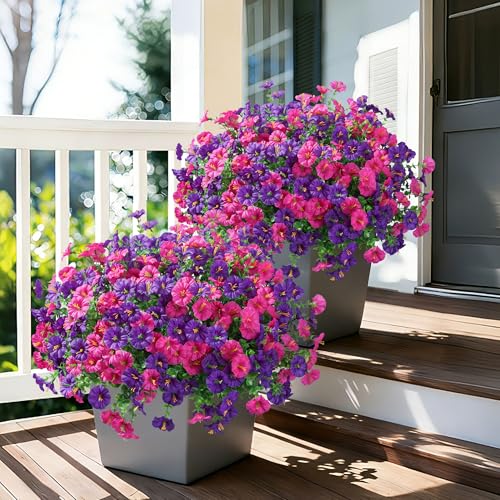 Ivydale 24 Bundles Artificial Flowers for Outdoors Summer Porch Decor, Faux Petunias Plants Outdoor Fake Bulk Realistic UV Resistant Silk Flowers for Outside Planters Patio Window Garden Yard Home - color: Purplefuchsia