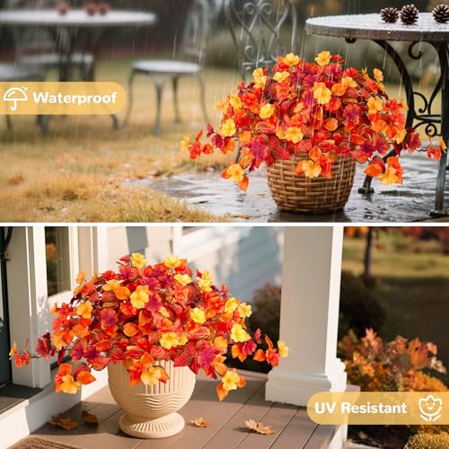 INXUGAO Fake Fall Flowers Artificial for Decoration 2PCS Faux Silk Fall Flowers Plants for Outdoors Outside Planters UV Resistant Looks Real for Front Door Porch Patio Garden Decor - color: Y1-orange Red Yellow