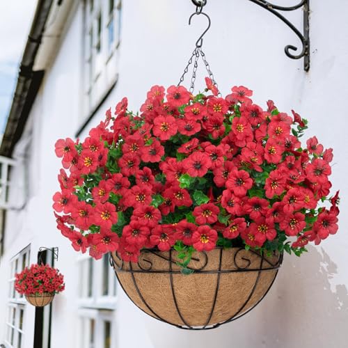 Bassion Artificial Hanging Flowers for Outdoors, UV Resistant Silk Flowers Basket Red Faux Daisy with Eucalyptus Leaves Hanging Fake Plants for Porch Balcony Patio Home Spring Summer Decoration - color: Red