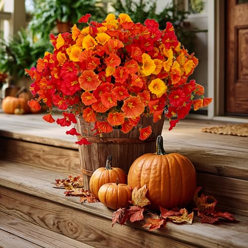 AXYLEX Artificial Fall Flowers Outdoor Fake Mums - 16 Bundles Fake Plants UV Resistant No Fade Faux Plastic Greenery Garden Morning Glory Home Decor (1, MixedFall 4 Colors) - color: Mixedfall 4 Colors