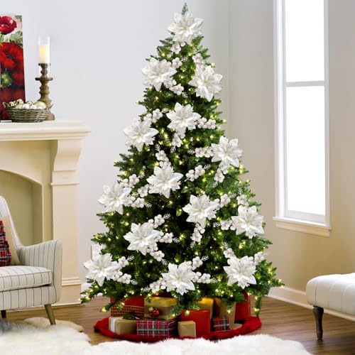 trytuny 50pcs Glitter Poinsettia Christmas Ornaments, Artificial Flowers with Clips Stems for DIY Wreath Making, Holiday Home Party Decorations, Indoor Use (White) - color: White