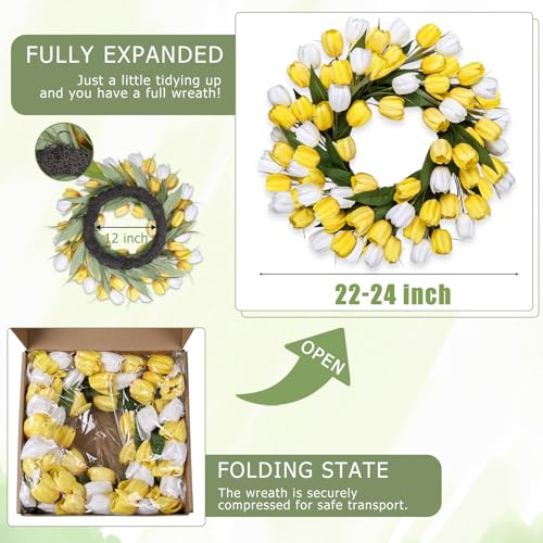 24 Inch Tulip Summer Wreath for Front Door Spring Silk Wreath with Green Leaves Artificial Tulip Flower Wreaths for All Seasons Farmhouse Porch Wall Living Room Home Widding Decor-Yellow - color: Yellow