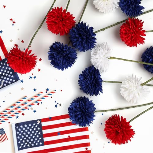 36 Pcs Artificial Chrysanthemums Flowers Patriotic Flowers Decor 4th of July Fake Silk Flowers Bouquet for Home Decor Indoor Memorial Day Table Centerpiece (Red, White, Blue) - color: Red, White, Blue