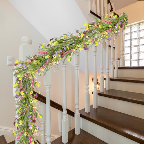 Hotop 6 ft Artificial Wildflower Garland, Wisteria Flowers Daisy and Lavender Faux Floral Vine Summer Spring Floral Fake Garland for Home Wedding Mantle Table Centerpiece Indoor Outdoor Decor(2 Pcs)