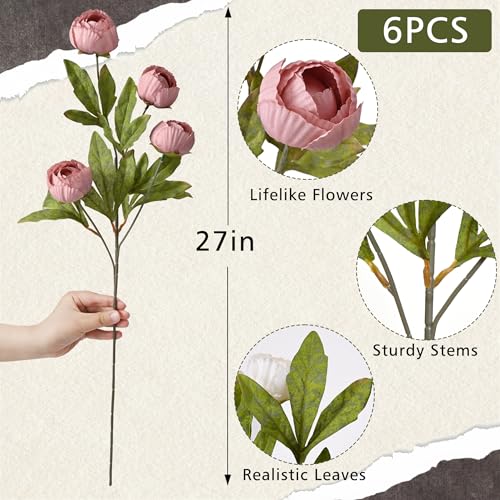Waipfaru 6 Pcs Faux Peonies Artificial Flowers for Vase, 27" Fake Silk Peonies Flowers for Wedding, Vase Filler Pink Flowers for DIY Bouquets Centerpieces Bridal Shower Office Decor - color: Pink, size: 6Pcs