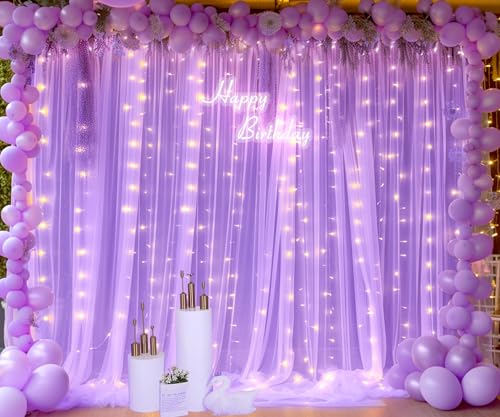 Lavender Tulle Backdrop Curtain with Led Lights for Wedding Baby Shower Girls 10ft X 8ft Lilac Lavender Sheer Backdrop Curtain for Birthday Party Bridal Shower Photoshoot Background Decorations - color: Lavender, size: 10 ft X 8 ft(2 Panels 5ft X 8ft)