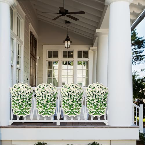 Artificial Hanging Flowers for Outdoors, 2 Pack White Silk Morning Glory Fake Flowers UV Resistant Faux Petunias Hanging Artificial Plants Trailing Vines for Home Garden Spring Summer Planter Decor - color: White