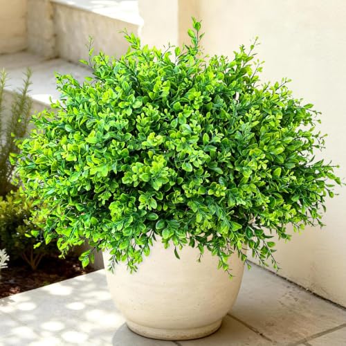 Artificial Plants Fake Greenery for Outdoor Spring Summer Decoration, 12 Bundles UV Resistant Realistic Faux Shrubs Stems No Fade Plastic Boxwood for Planter Garden Patio Balcony Porch Backyard Indoor - color: Green 12