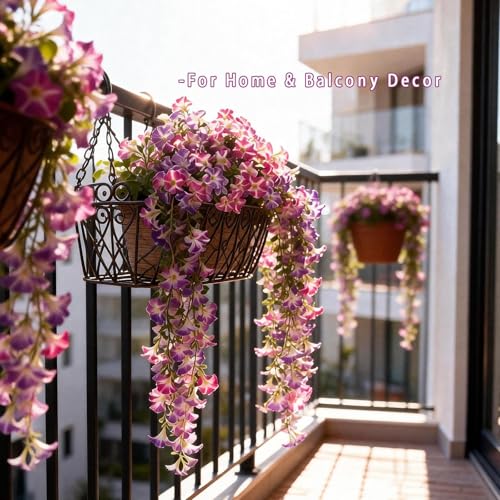 3 Pack Artificial Morning Glory Flowers for outdoors spring decor, UV Resistant Fake Flowers for Outdoor Wedding Party, Realistic Faux Hanging Plants for Patio, Porch,Front Door Decor (Pink Purple) - color: Double Purple-3