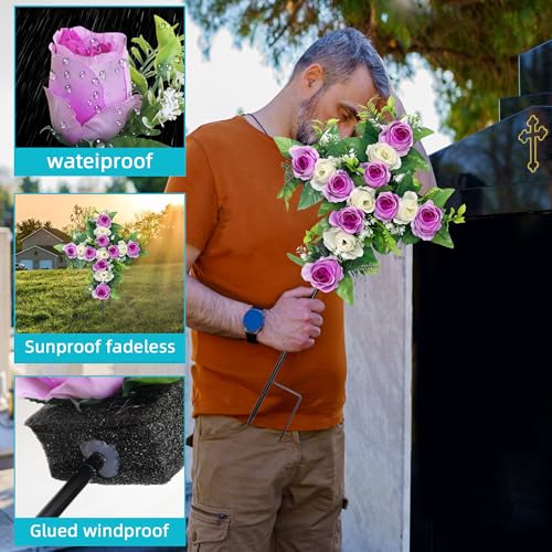Artificial Cemetery Flowers,Set of 2 Faux Floral Cross,Artificial Rose Bouquet Decoration for Cemetery Headstones Gravesites,Silk Flowers for Long-Lasting Remembrance (Purple) - color: Purple