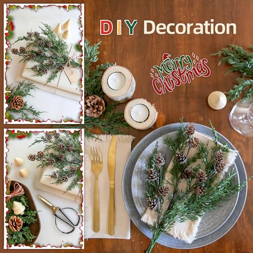 Faux Cedar Stems Artificial Norfolk Pine Branches for Christmas Decor, 12 PCS Fake Pine Stems with 2 PCS Pine Cones Branches Real Touch Realistic Faux Greenery for Vases DIY Garland Xmas Table Indoor - color: 12 Pcs Cedar Stems, 2 Pcs Small Pinecone Stems