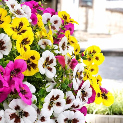 Geegoods 18 Stems Artificial Pansies Flowers for Outdoor with 3 Pcs Butterflies, UV Resistant Faux Flowers for Hanging Baskets Window Box Porch Garden Summer Decor - color: Purple White Yellow, size: 18PCS with Butterfly