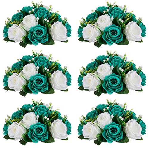 NUPTIO Flower Wedding Centrepieces for Tables - 6 Pcs 9.5in Diameter Teal & White Artificial Flowers Rose Ball for Centerpieces Table - Fake Rose Arrangements for Weddings Birthday Party Decorations - color: Teal & White, size: 6 Pcs