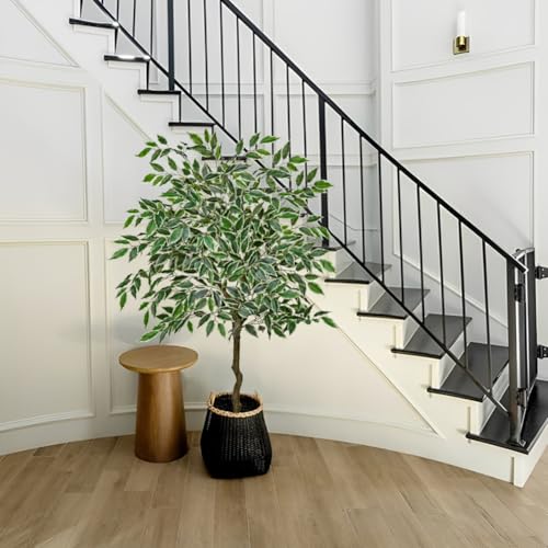 4Ft Ficus Tree Artificial Plants Indoor with Realistic Trunk, 2Pack Tall Fake Potted Tree Faux Floor Plant, Artificial Tree in Pot for Home Living Room Office Bedroom Corner Decor(Green White) - color: Green White, size: 4Ft -2pack