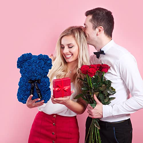 DuHouse Rose Bear Rose Teddy Bear Flower Gift Black Box for Valentines Gifts Anniversary Christmas,Birthdays Bridal Showers -Fully Handmade 10 inch Flower Bear Clear Gift Box (Royal Blue) - color: Royal Blue
