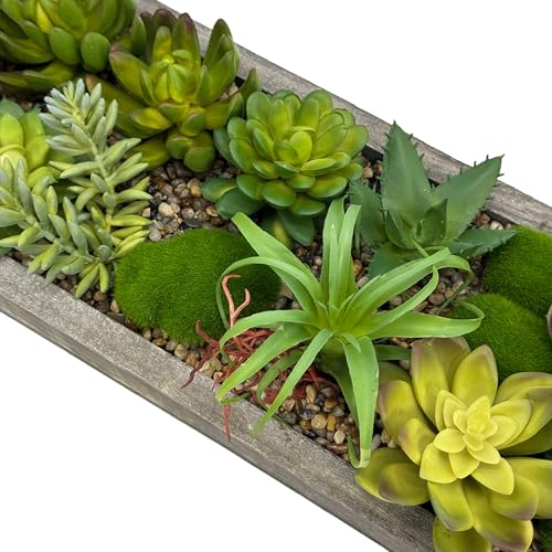 Galt International Faux Assorted Succulent in 31" Wood Tray w/Handles w/Brown Rocks | Grey Wood Tray, Artificial Green Moss, Dining Coffee Table Centerpiece (Updated 2026 Packaging) - color: Brown Rocks
