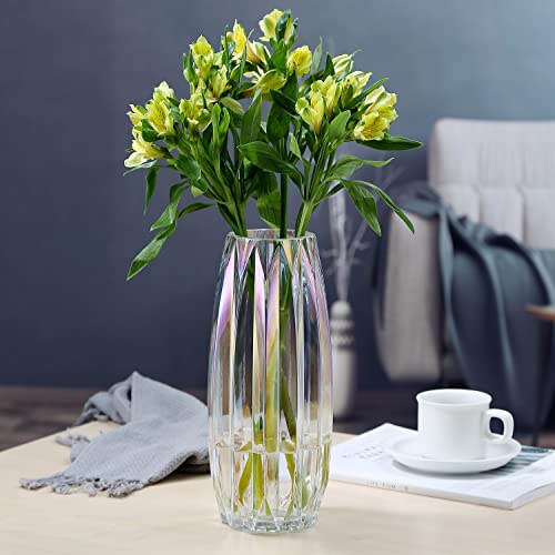 Glass Vase - Modern Ribbed Glass Vase for Flowers, Candles, and Decorative Accents -Black Grey, Amber, Clear and Colored Tall/Short Glass Vase for Centerpieces Home Table Decor (Colored, H-11.8inch) - color: Irised, size: H-11.8inch