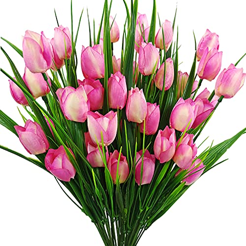 8 Bundles Outdoor Artificial Tulips Fake Flowers UV Resistant Faux Plastic Greenery Shrubs Plants for Home Outside Garden Porch Window Farmhouse Decor (Light Pink) - color: Light Pink
