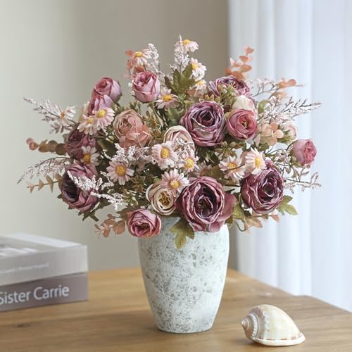 Artificial Roses Flowers 6 Pack Vintage Roses Pink Flowers Small Silk Rose Bouquet with Daisy Flowers Faux Floral Arrangements for Vase Centerpiece Table Wedding Party Bridal Decor - color: Pink, size: 6PCS