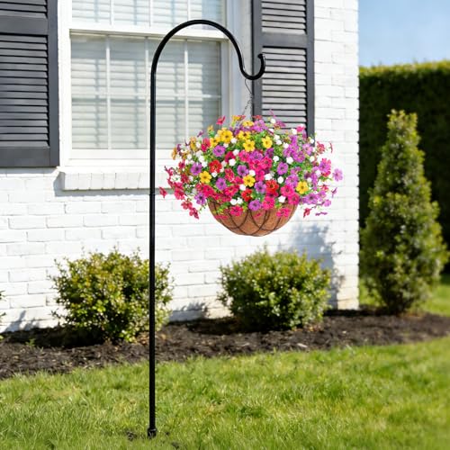 INXUGAO Artificial Silk Flowers Hanging Baskets Outdoors Indoors, Daisy with Eucalyptus Leaves Arrangement for Garden Yard Spring Summer Decor Faux Green Plant Metal Coconut Lining - color: 5multicolor