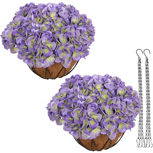 bellacat Real Touch Faux Hydrangea Flowers with 11" Hanging Basket, Fake Hanging Hydrangea Flowers with Realistic Flowers, Artificial Hanging Flowers for Outdoors Porch Patio Balcony (Purple, 2Pack) - color: Purple