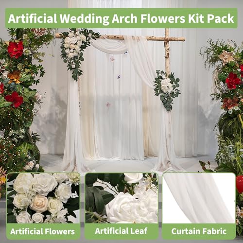Garvee Arch Flowers with Drapes Kit (Pack of 3) - 2 Pcs Floral Arrangement, 1 Pcs Sheer Drape for DIY Wedding Ceremony Reception Arbor Backdrop Party Decor