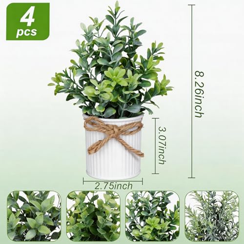 Yoratee 4 Potted Artificial Plants Metal Fake Potted Plant with Iron Pot Mini Greenery Decor Small Faux Plants for Indoor Farmhouse Home Porch Garden Bathroom Room Décor White - color: White