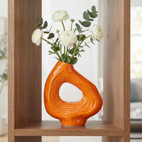 Sunddo Ceramic Flower Vase for Decor, 9 Inch Orange Donut Vase, Boho Modern Decorative Vases for Home Decor, Living Room, Dining Table, Console, Office Bedroom Shelf Decoration - color: Orange, size: 9 inch