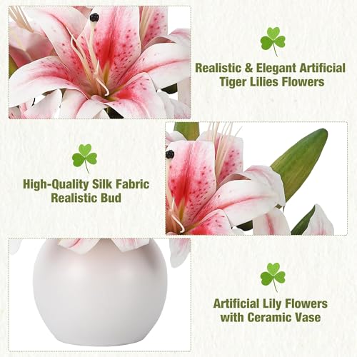 Artificial Lily Flowers with Ceramic Vase, Pink Silk Lily Flower Arrangement, Fake Flowers in Vase Centerpiece, Artificial Floral Arrangement for Table Decor, Shelf, Bathroom, Wedding, Home Decoration